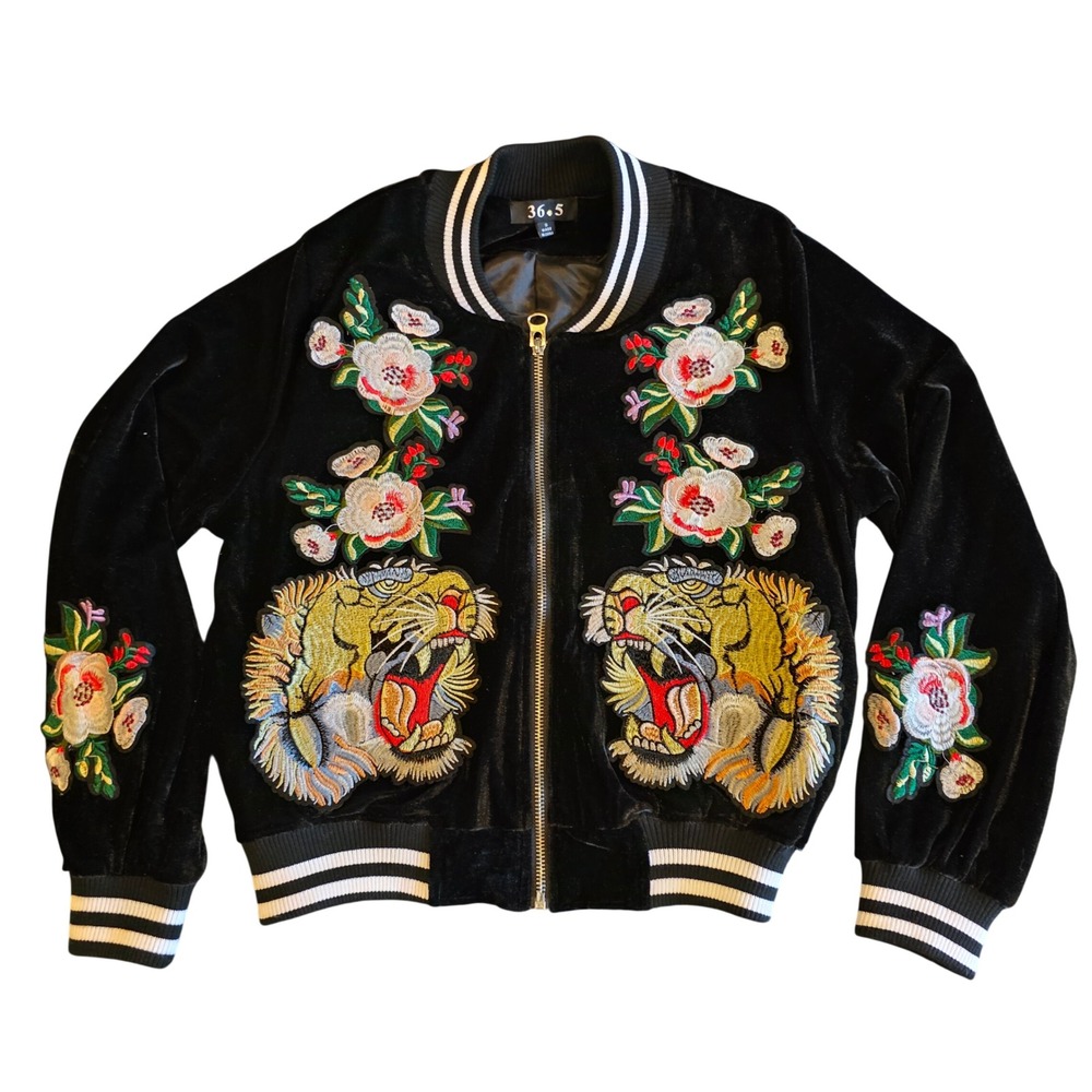 36.5 Velvet Bomber Jacket Black Sukajan Japanese Tiger Floral Embroidered Small